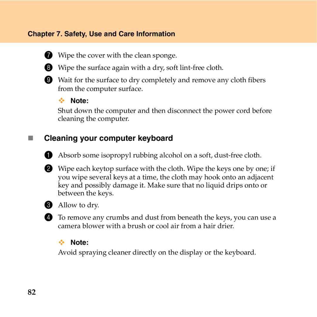 Lenovo Y550P manual „ Cleaning your computer keyboard 