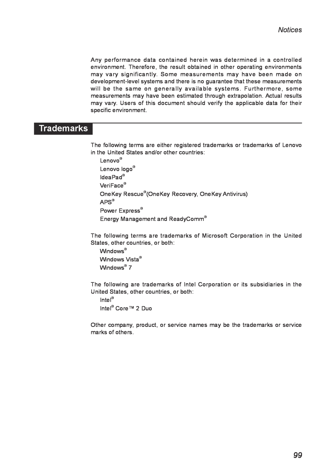 Lenovo Y560 manual Trademarks, Notices 