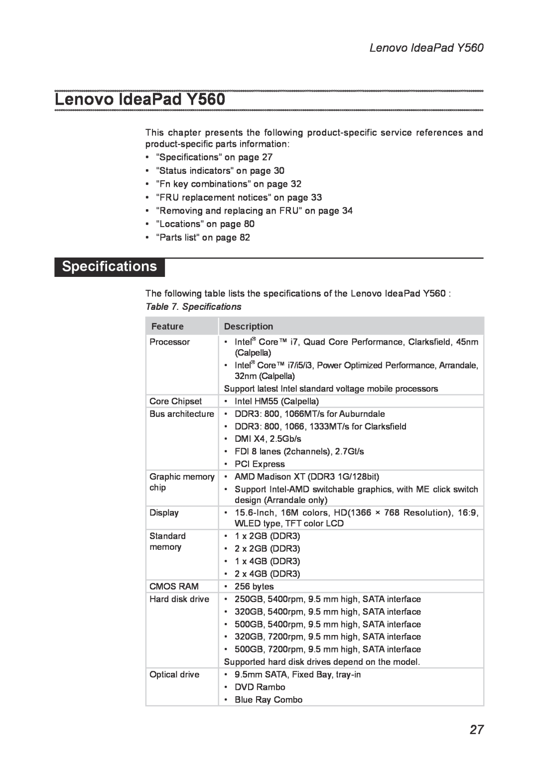 Lenovo manual Lenovo IdeaPad Y560, Specifications, Feature, Description 