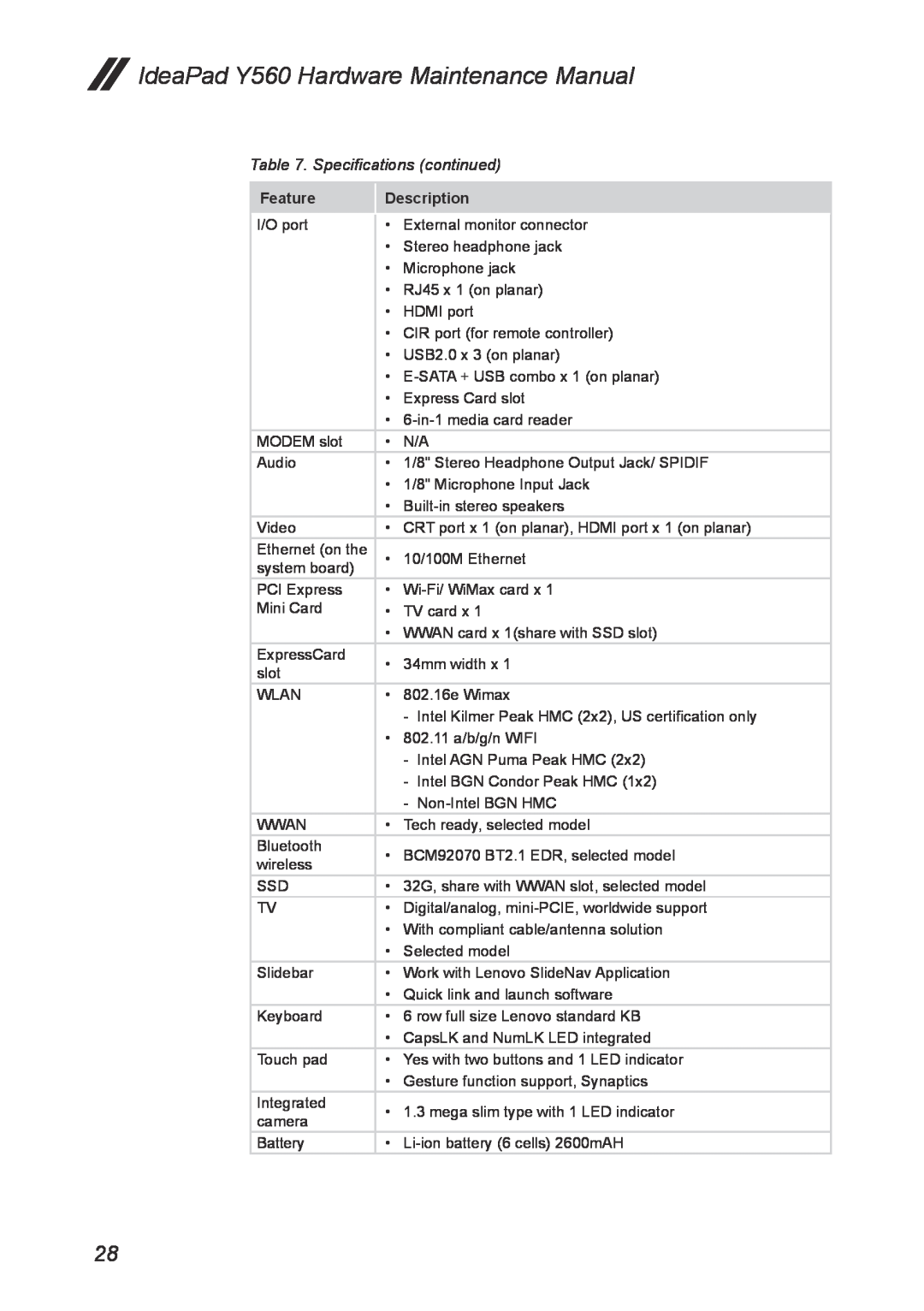 Lenovo manual Specifications continued, IdeaPad Y560 Hardware Maintenance Manual, Feature, Description 