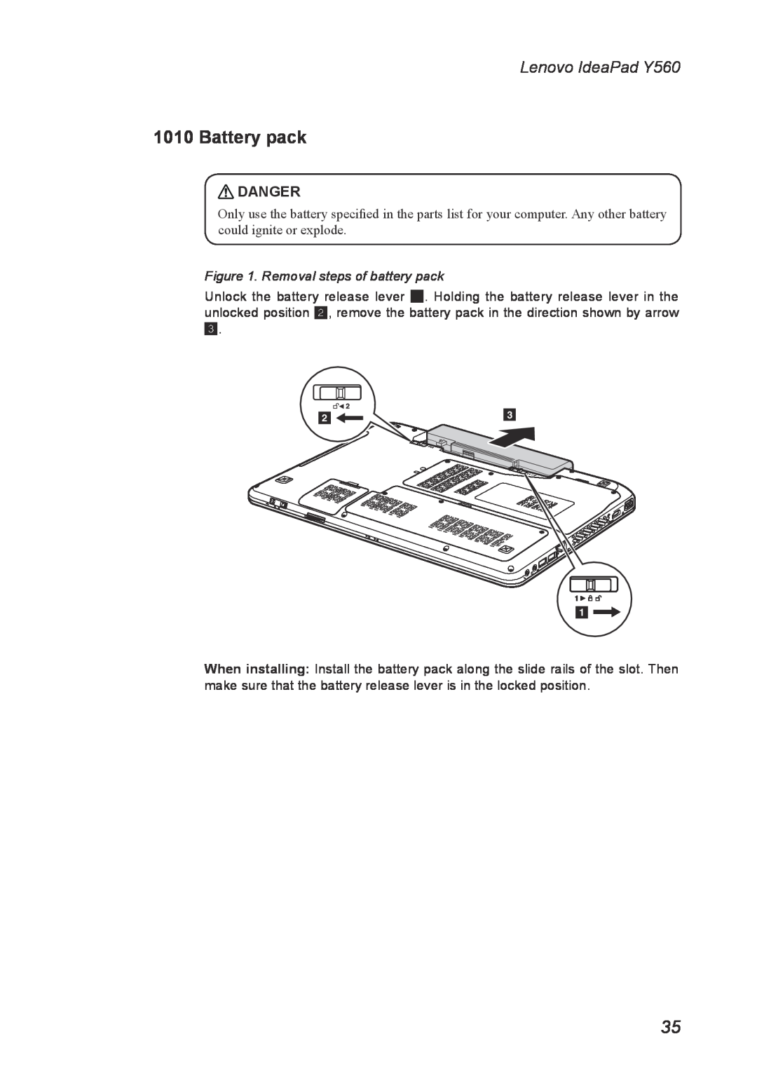 Lenovo manual Battery pack, Removal steps of battery pack, Lenovo IdeaPad Y560, Danger 