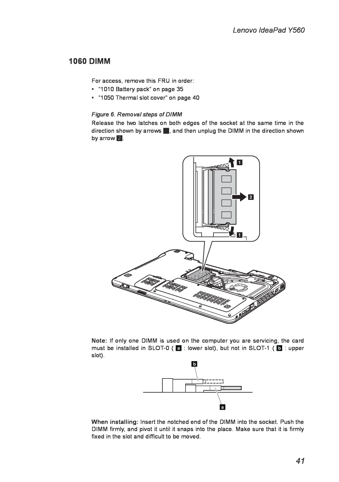 Lenovo manual Dimm, Removal steps of DIMM, Lenovo IdeaPad Y560 