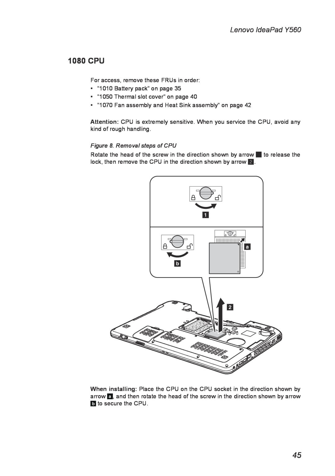 Lenovo manual 1080 CPU, Removal steps of CPU, Lenovo IdeaPad Y560 
