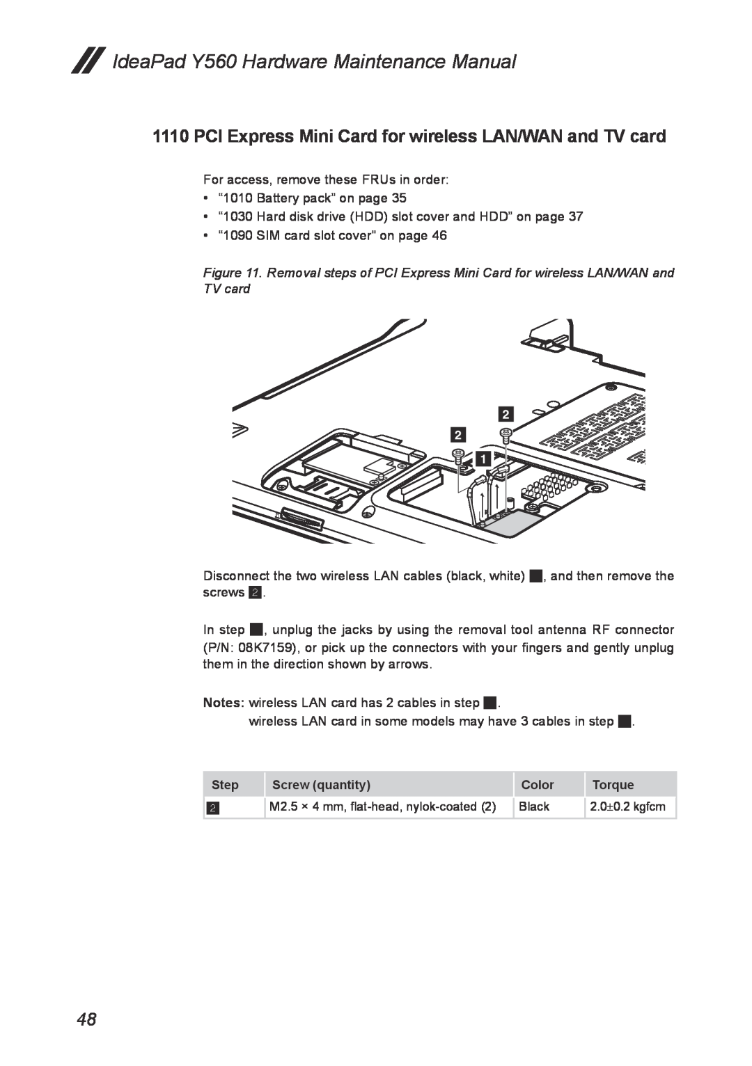 Lenovo manual PCI Express Mini Card for wireless LAN/WAN and TV card, IdeaPad Y560 Hardware Maintenance Manual 