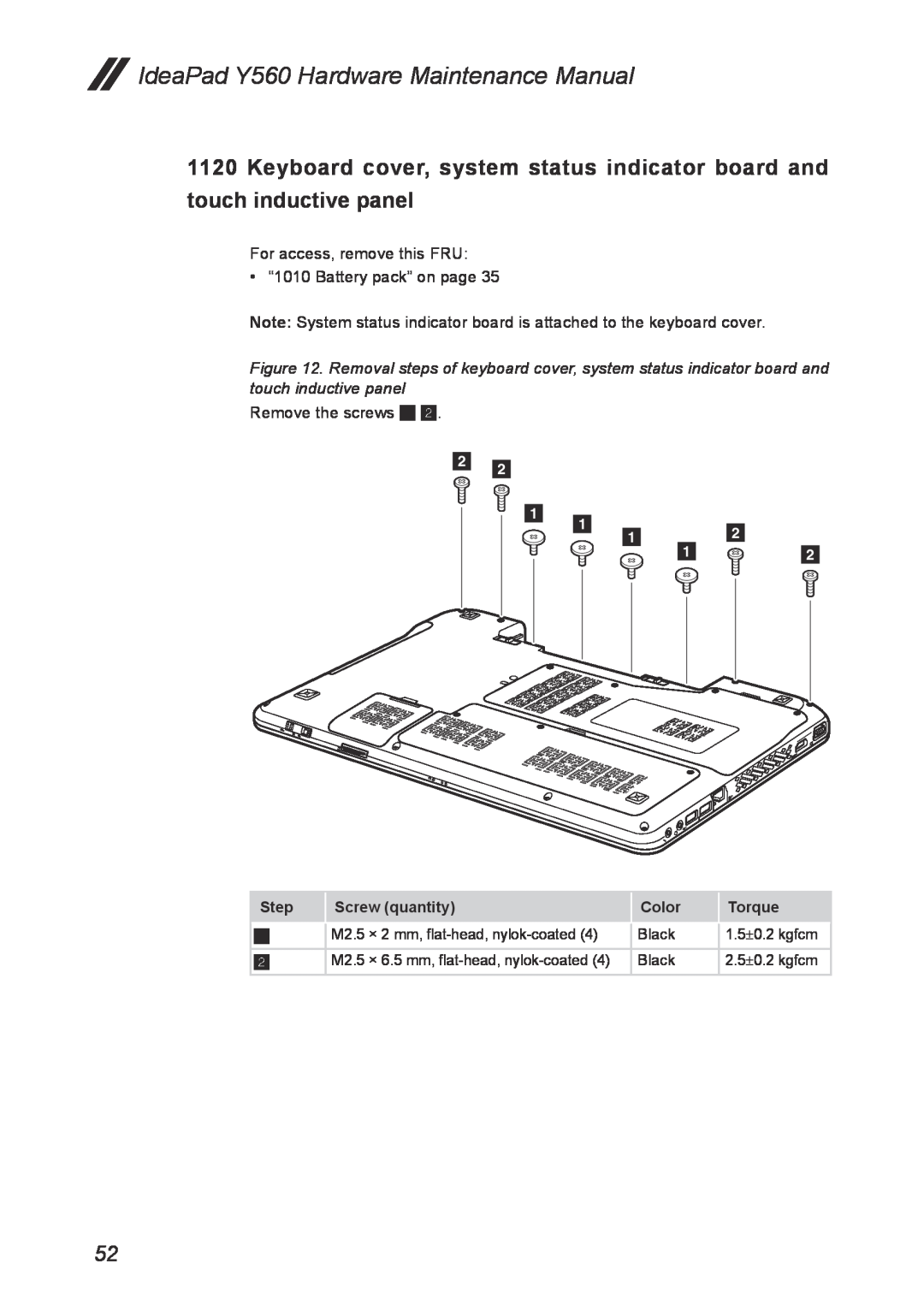 Lenovo manual IdeaPad Y560 Hardware Maintenance Manual, Step, Screw quantity, Color, Torque 