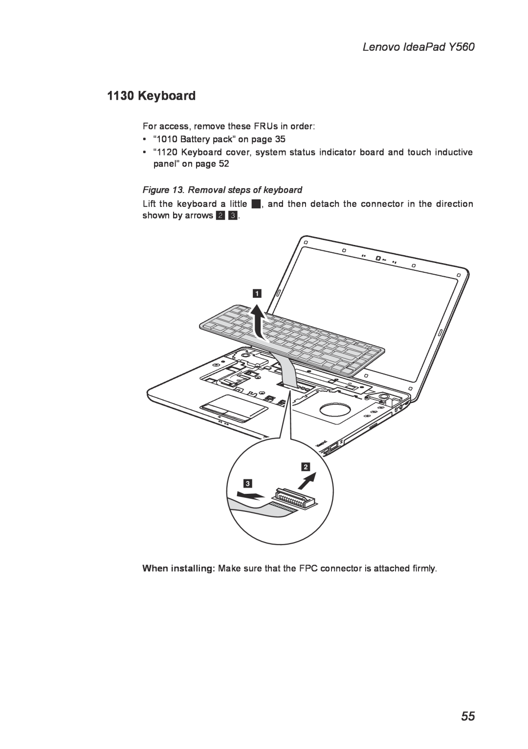 Lenovo manual Keyboard, Removal steps of keyboard, Lenovo IdeaPad Y560 