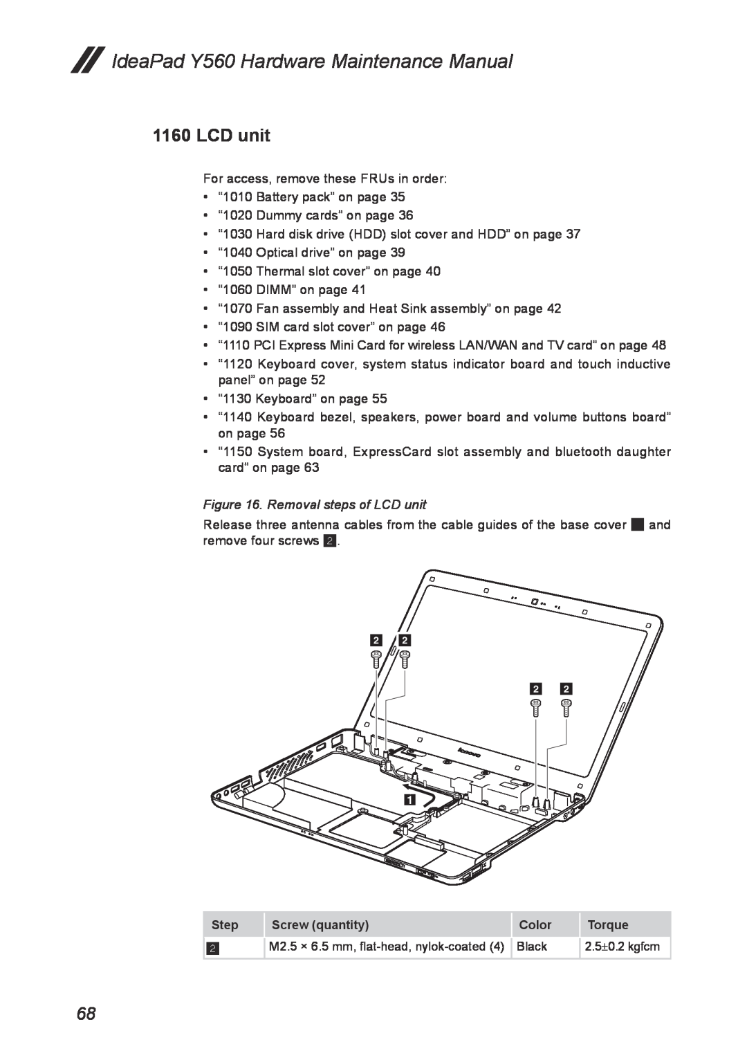 Lenovo manual Removal steps of LCD unit, IdeaPad Y560 Hardware Maintenance Manual 