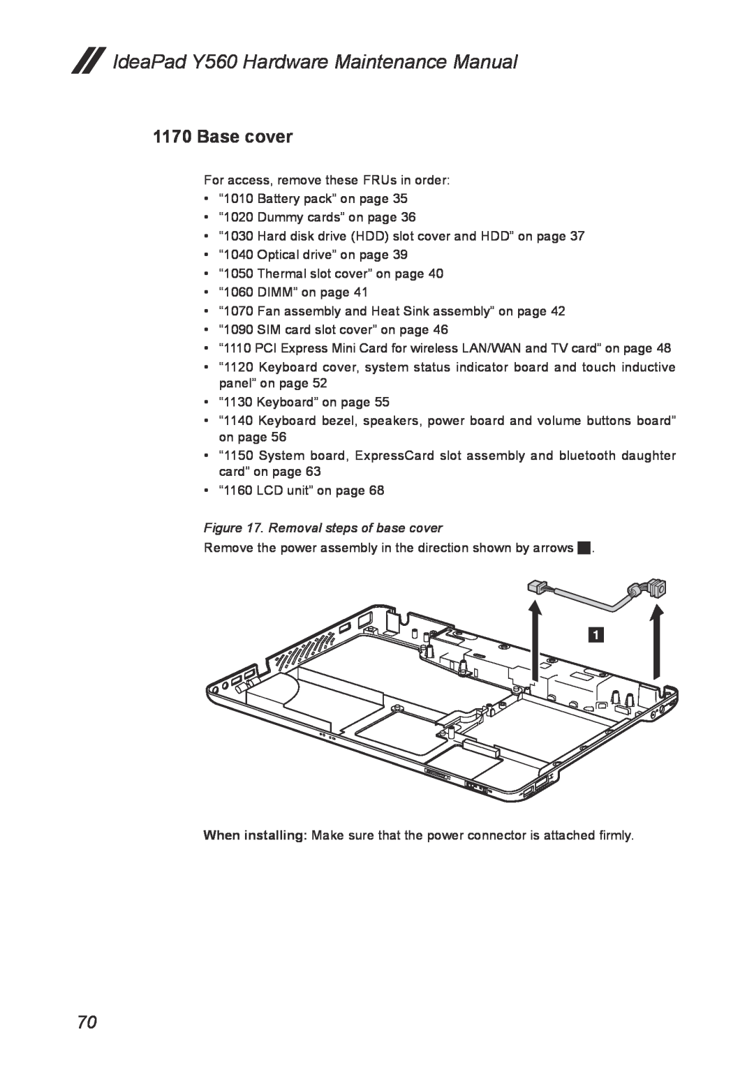 Lenovo manual Base cover, Removal steps of base cover, IdeaPad Y560 Hardware Maintenance Manual 
