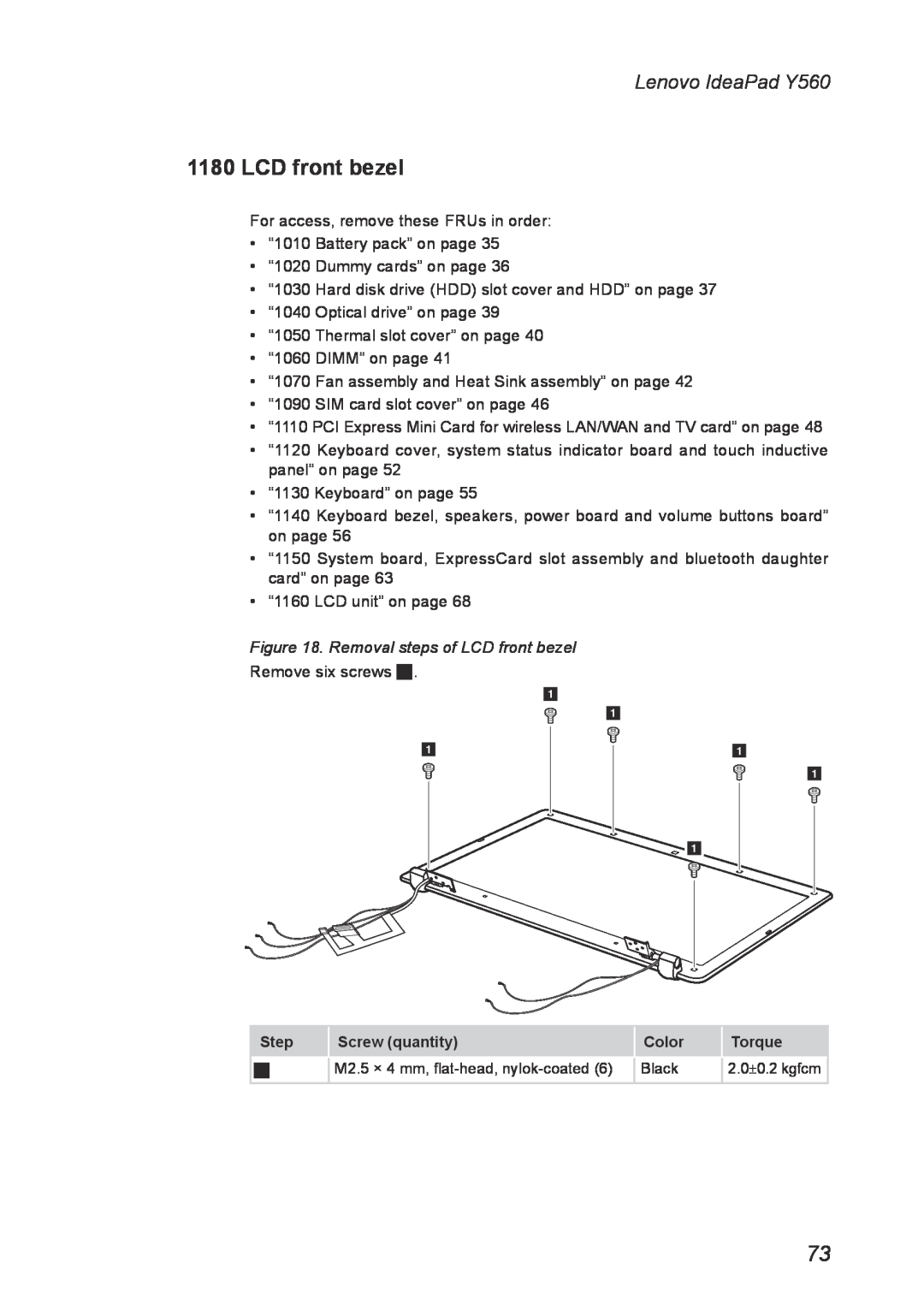 Lenovo manual Removal steps of LCD front bezel Remove six screws, Lenovo IdeaPad Y560 