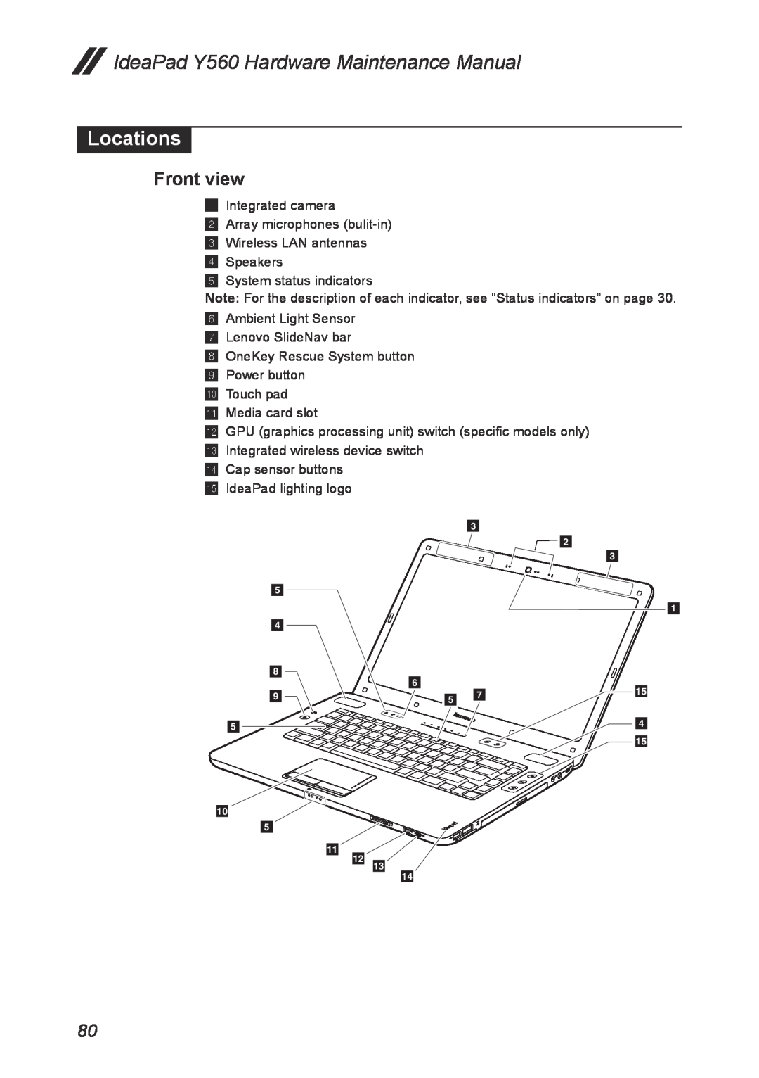 Lenovo manual Locations, Front view, IdeaPad Y560 Hardware Maintenance Manual 