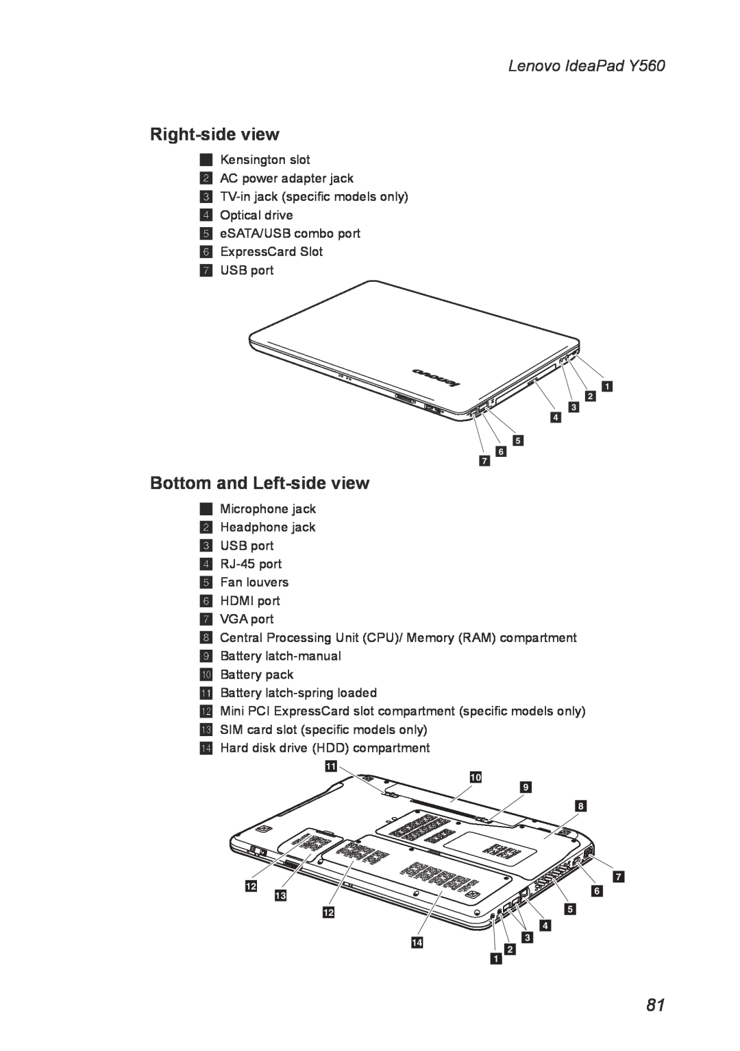 Lenovo manual Right-side view, Bottom and Left-side view, Lenovo IdeaPad Y560 