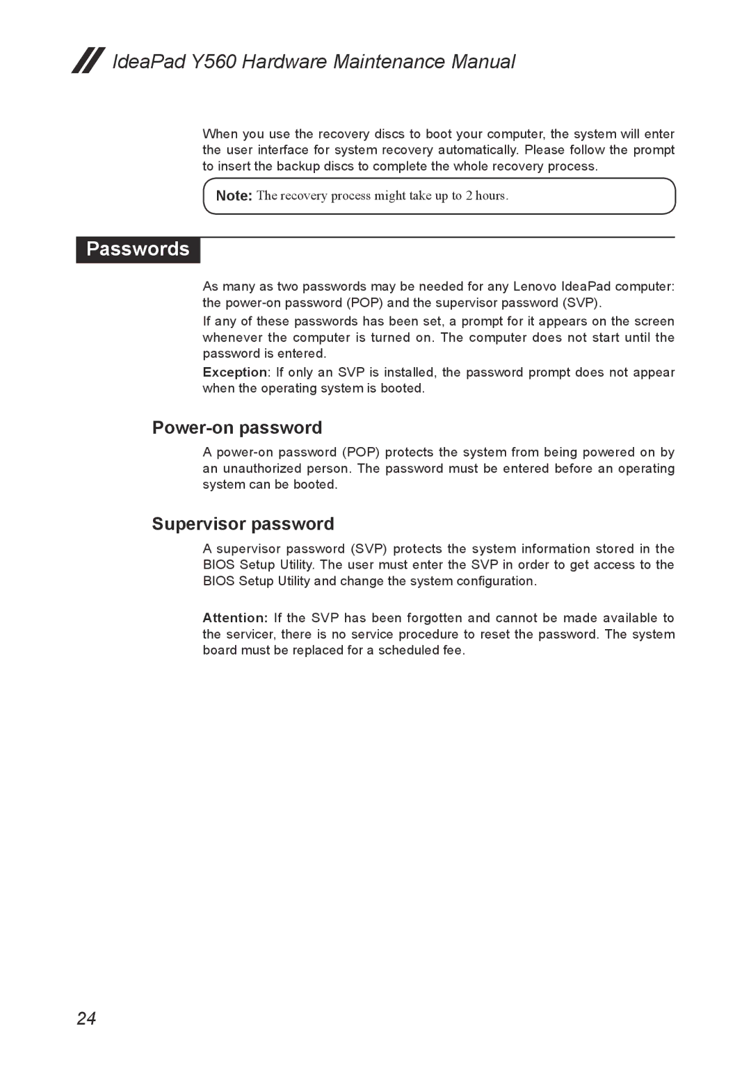 Lenovo Y560 manual Passwords, Power-on password, Supervisor password 