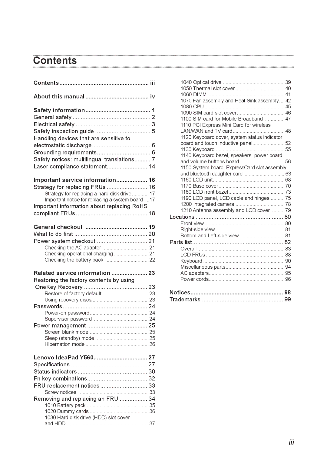 Lenovo Y560 manual Contents 