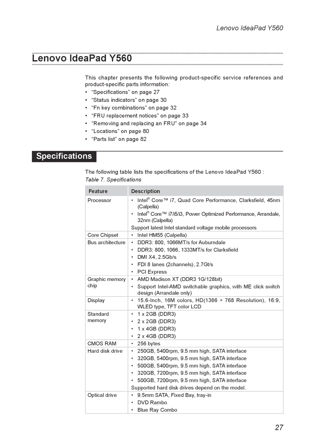 Lenovo Y560 manual Specifications 