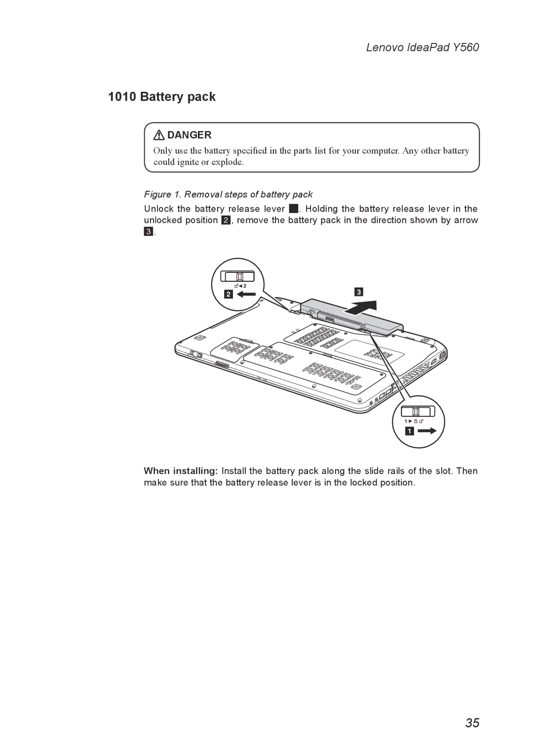 Lenovo Y560 manual Battery pack, Removal steps of battery pack 