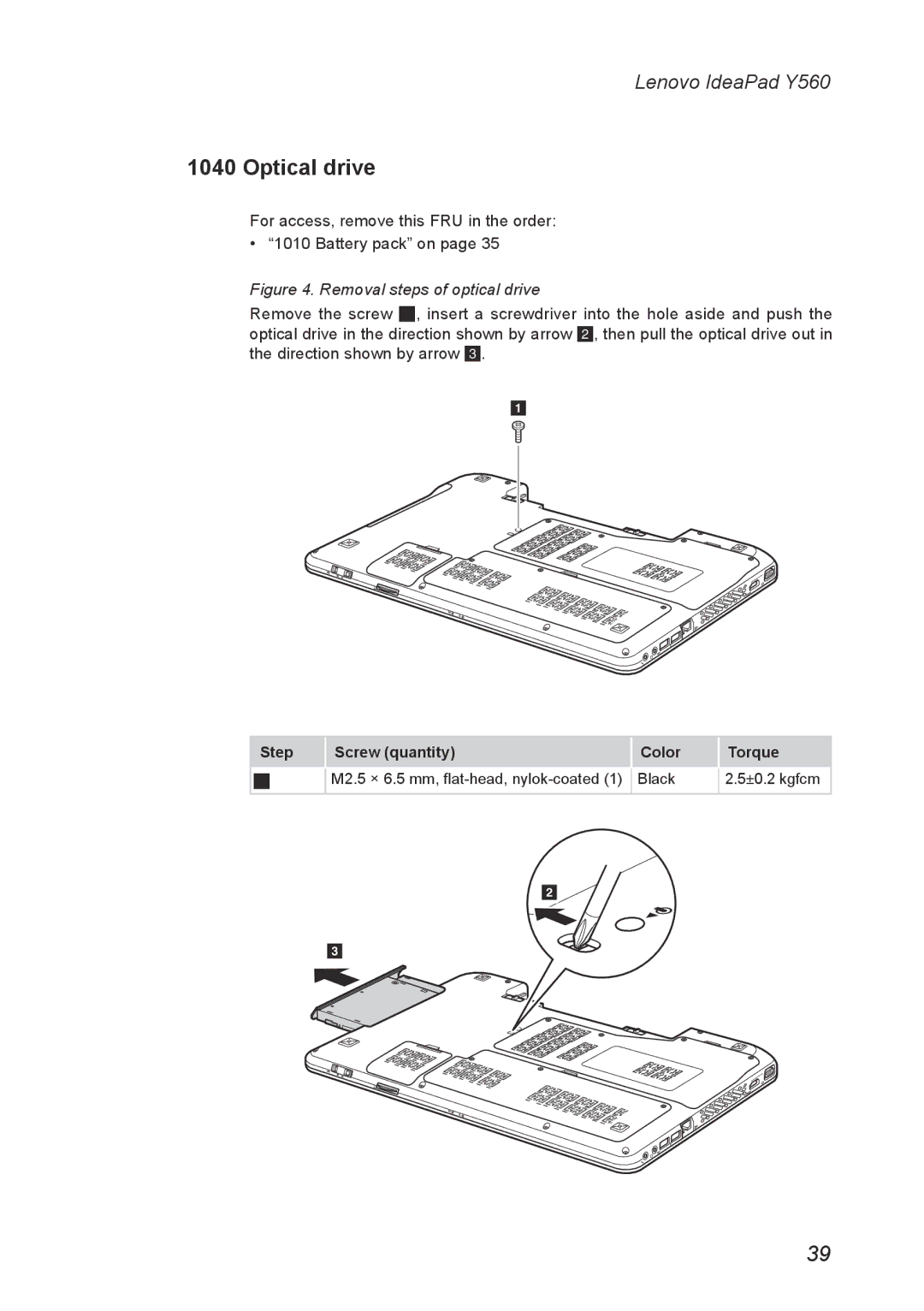 Lenovo Y560 manual Optical drive, Removal steps of optical drive 