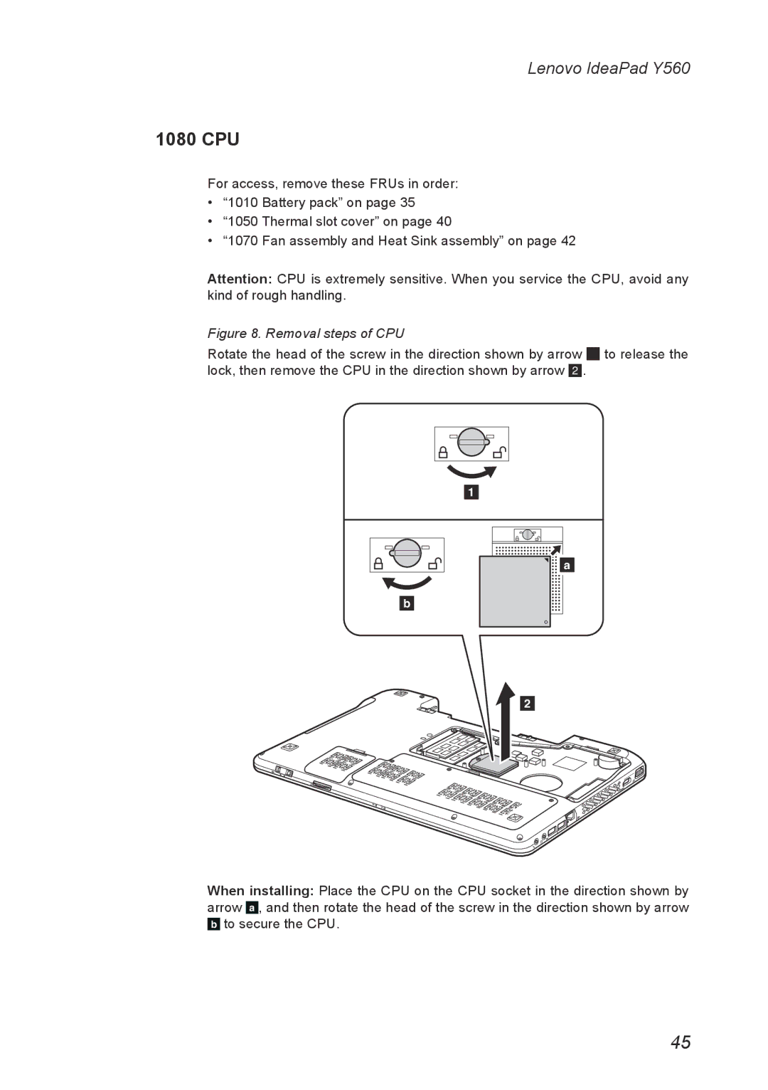 Lenovo Y560 manual 1080 CPU, Removal steps of CPU 