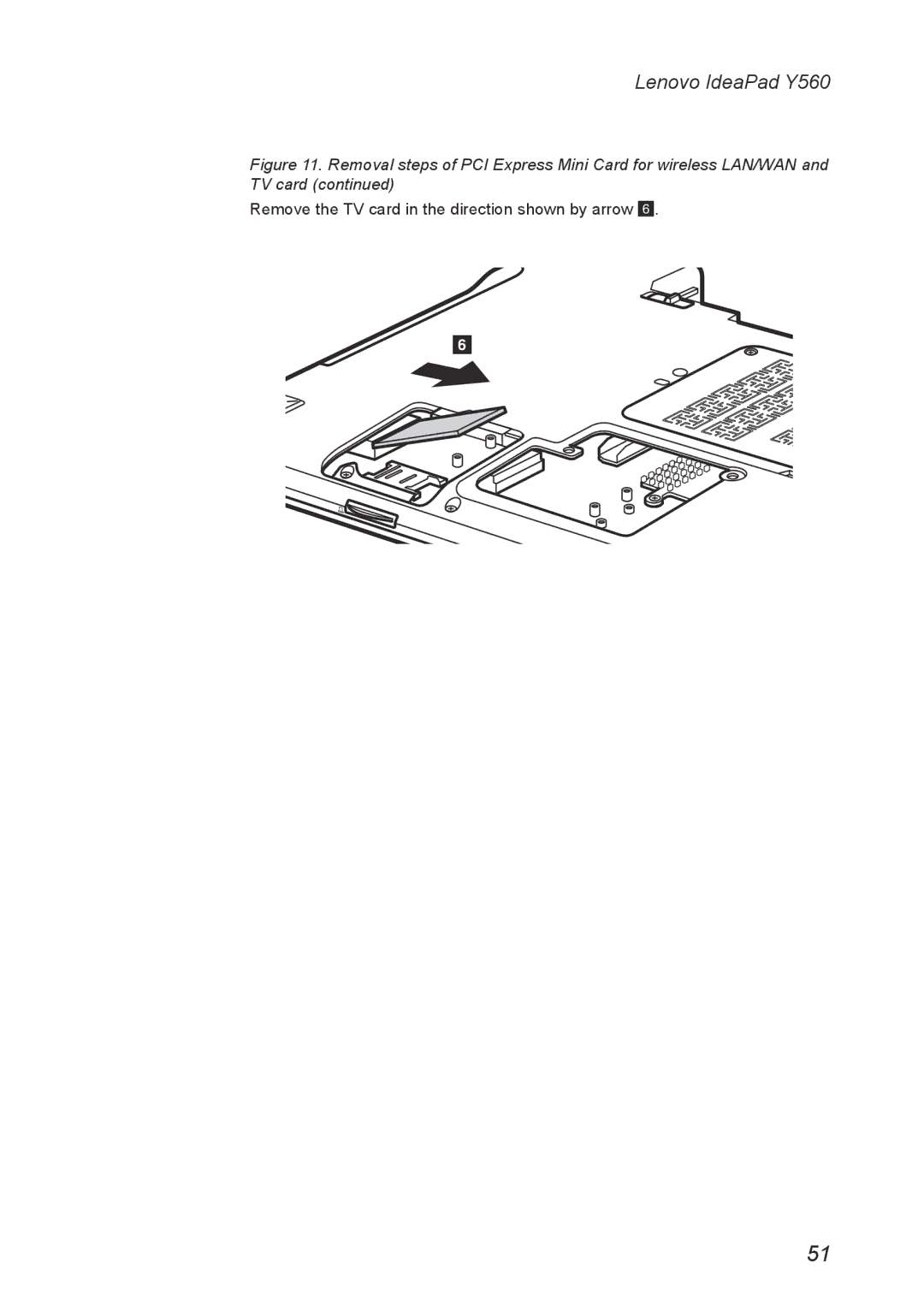 Lenovo Y560 manual Remove the TV card in the direction shown by arrow 