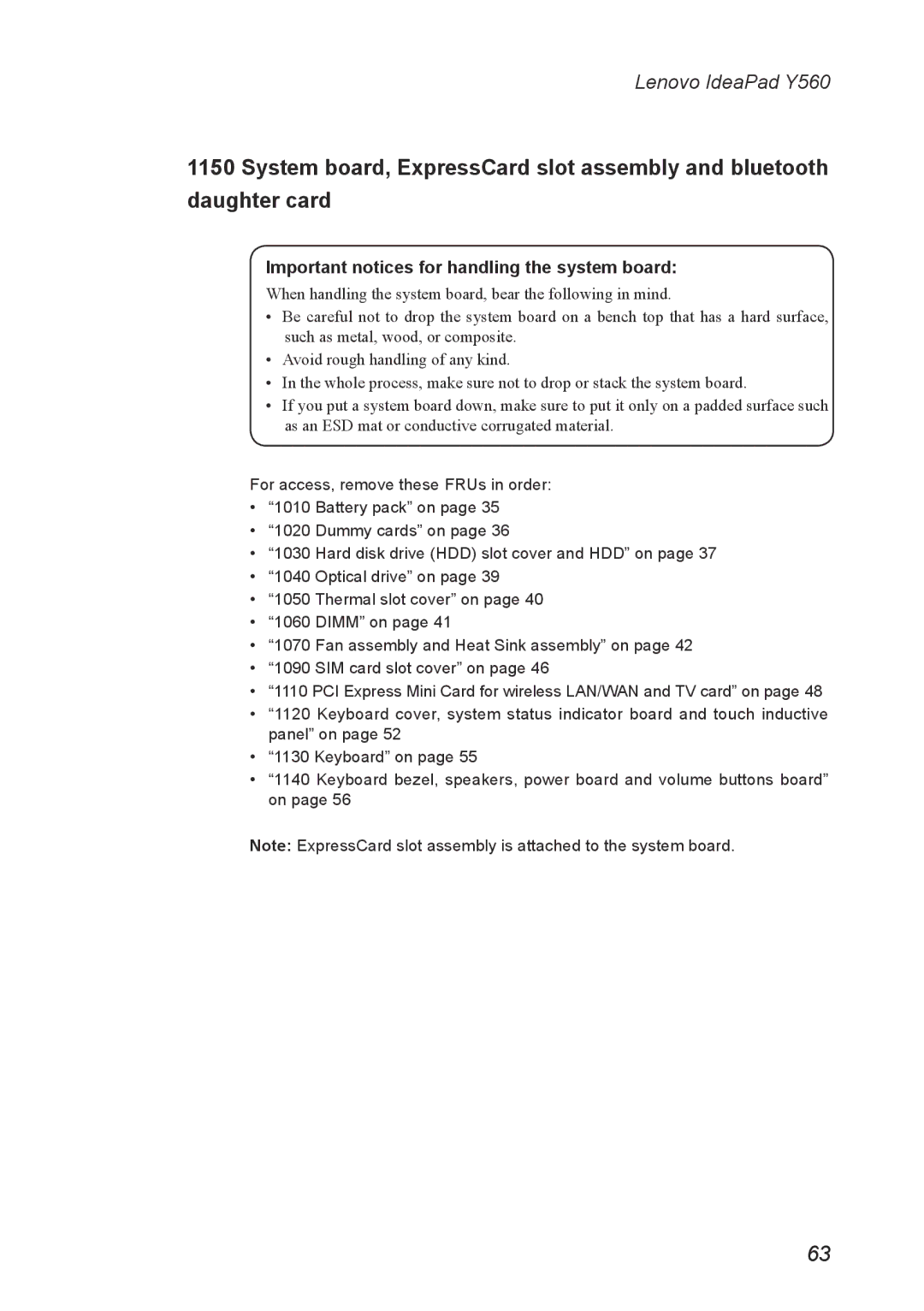 Lenovo Y560 manual Important notices for handling the system board 