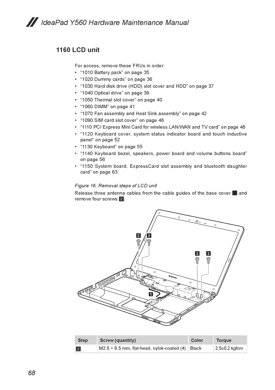 Lenovo Y560 manual Removal steps of LCD unit 