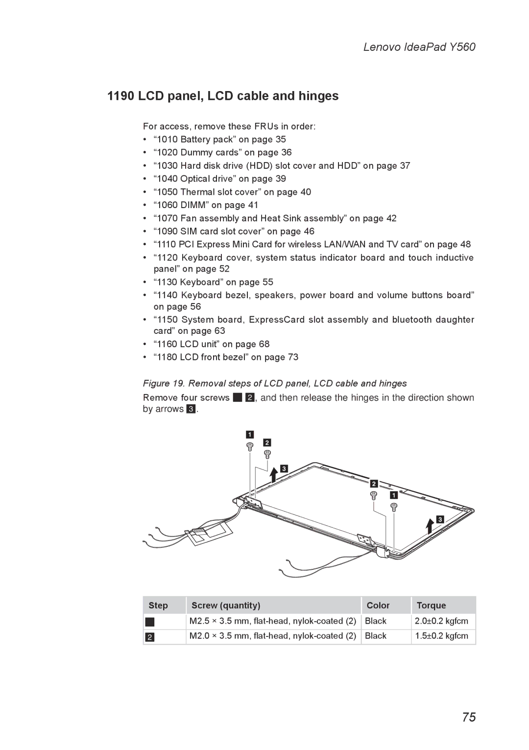 Lenovo Y560 manual Removal steps of LCD panel, LCD cable and hinges 