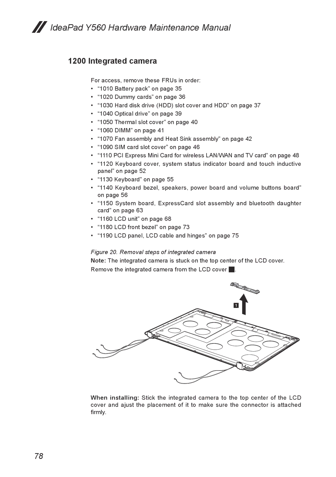 Lenovo Y560 manual Integrated camera, Removal steps of integrated camera 