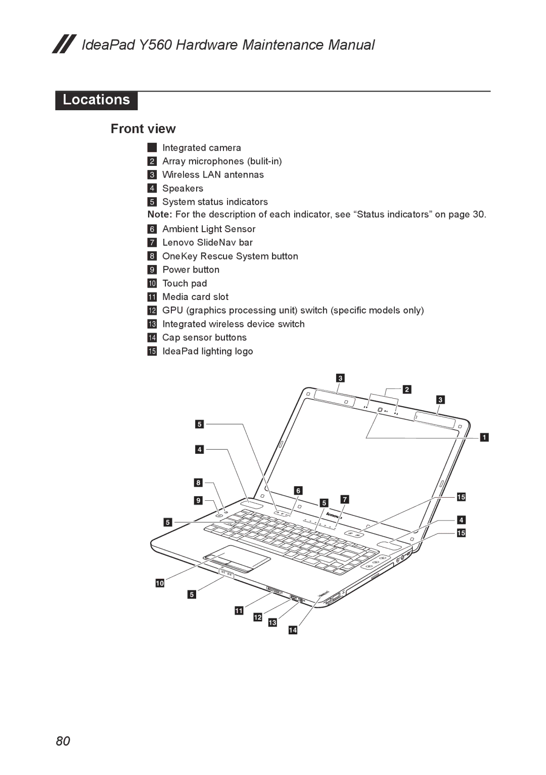 Lenovo Y560 manual Locations, Front view 