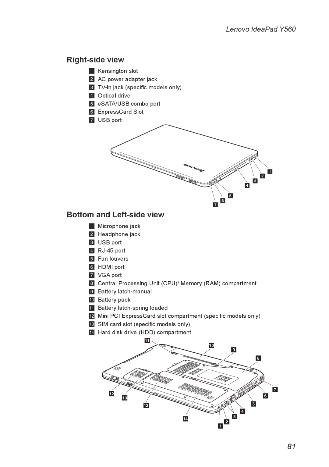 Lenovo Y560 manual Right-side view, Bottom and Left-side view 