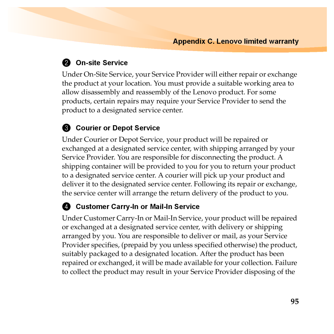 Lenovo Y460P, Y560P manual Appendix C. Lenovo limited warranty On-site Service, Courier or Depot Service 
