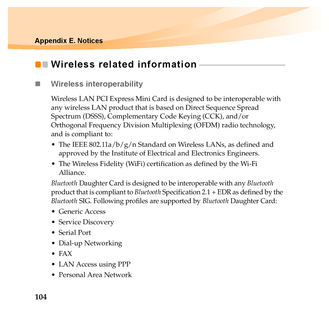 Lenovo Y560P, Y460P manual „ Wireless interoperability, 104 