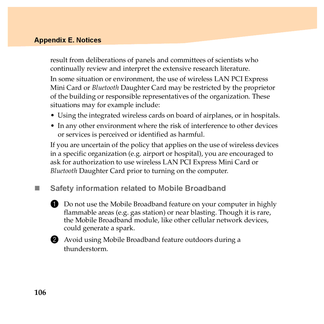 Lenovo Y560P, Y460P manual „ Safety information related to Mobile Broadband, 106 