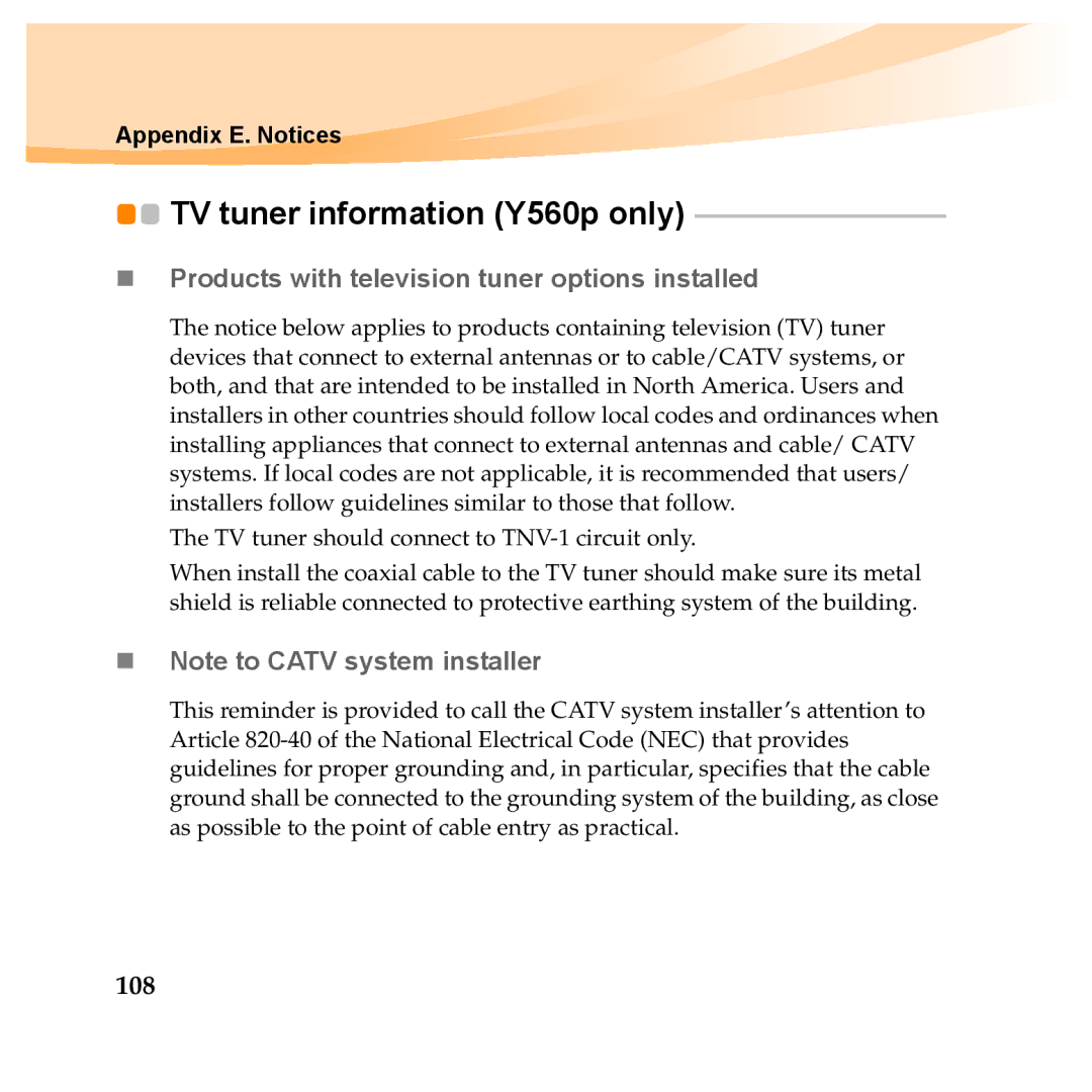 Lenovo Y560P, Y460P manual TV tuner information Y560p only, „ Products with television tuner options installed, 108 