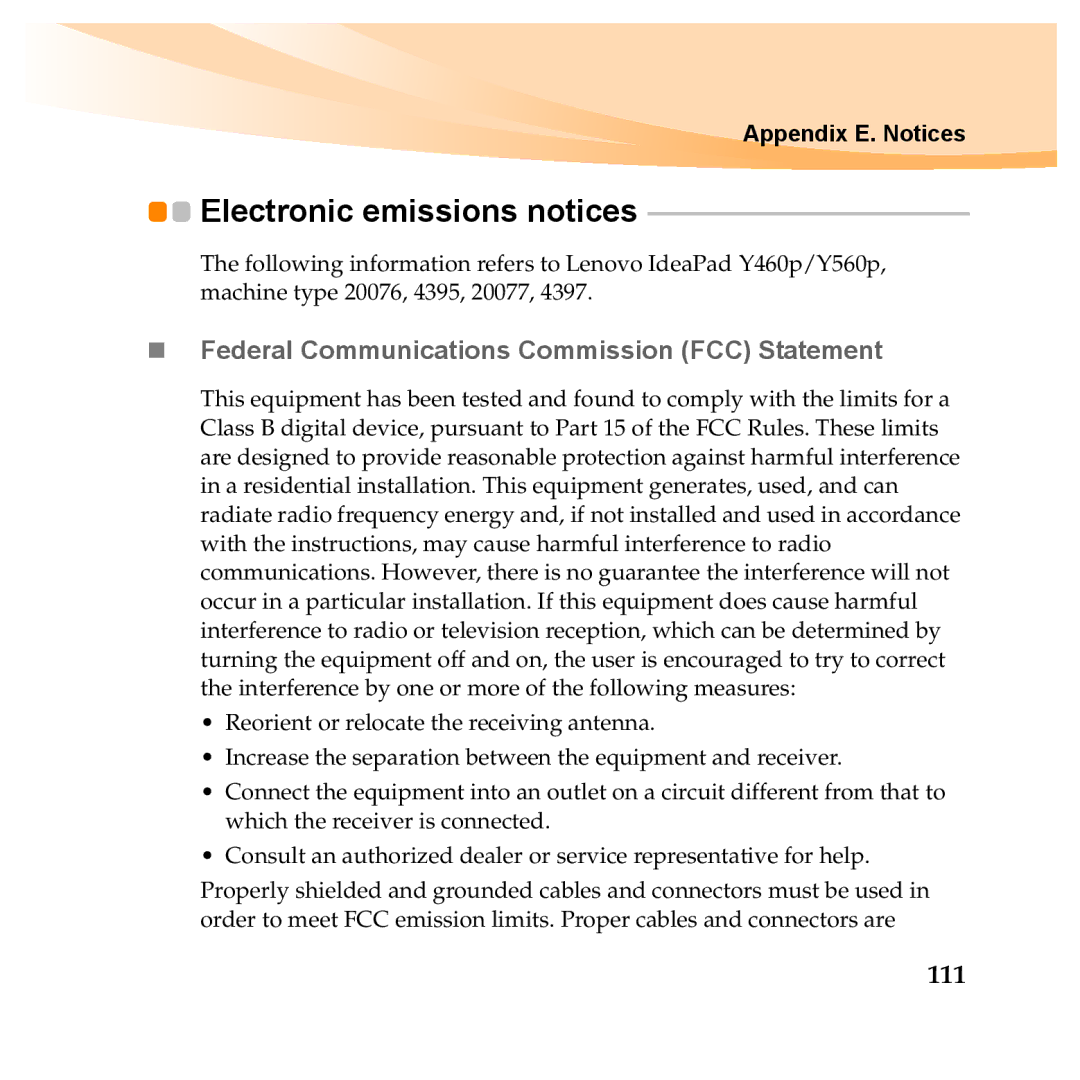 Lenovo Y460P, Y560P manual Electronic emissions notices, „ Federal Communications Commission FCC Statement, 111 