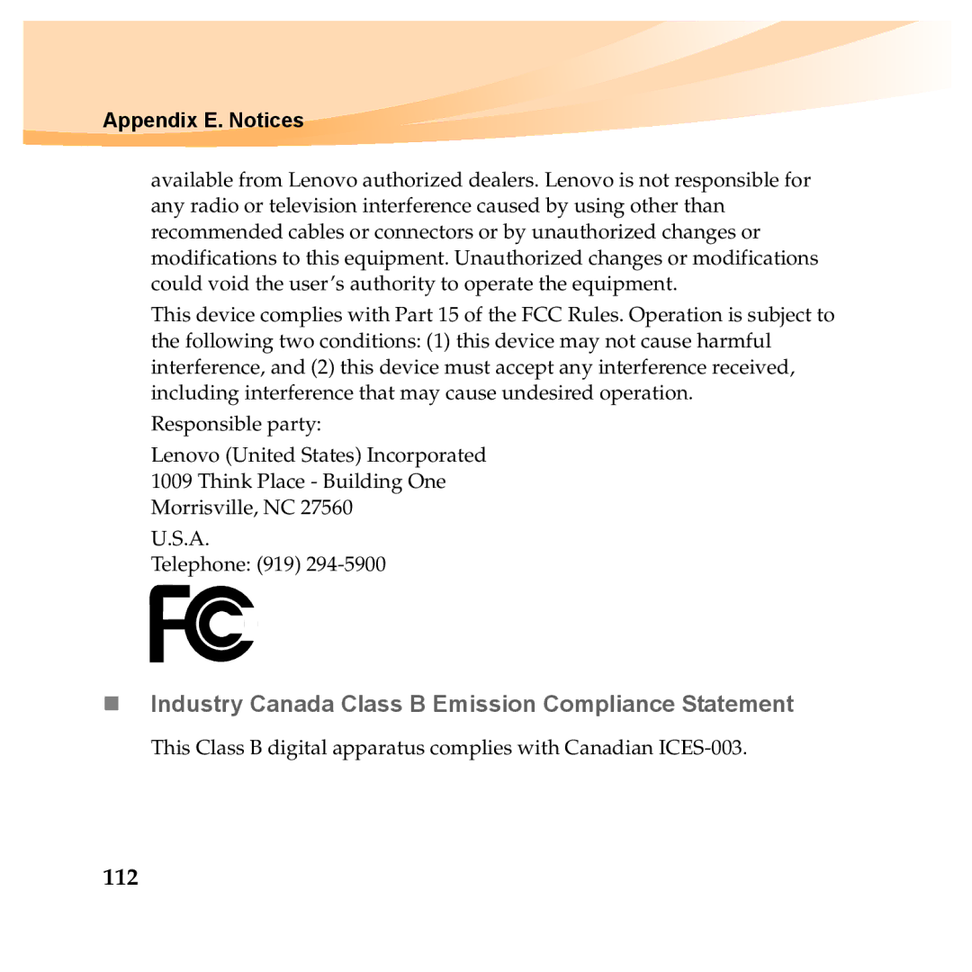 Lenovo Y560P, Y460P manual „ Industry Canada Class B Emission Compliance Statement, 112 