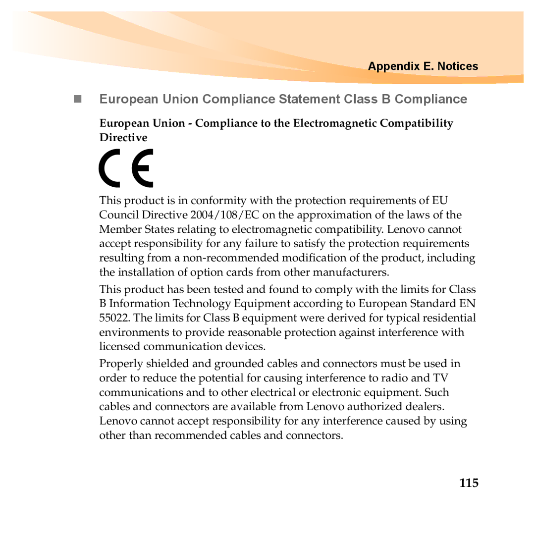 Lenovo Y460P, Y560P manual „ European Union Compliance Statement Class B Compliance, 115 