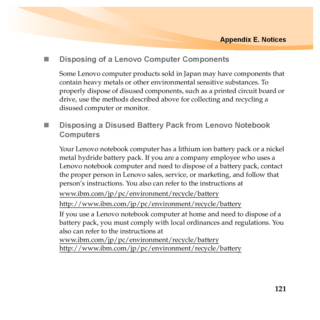 Lenovo Y460P, Y560P manual „ Disposing of a Lenovo Computer Components, 121 