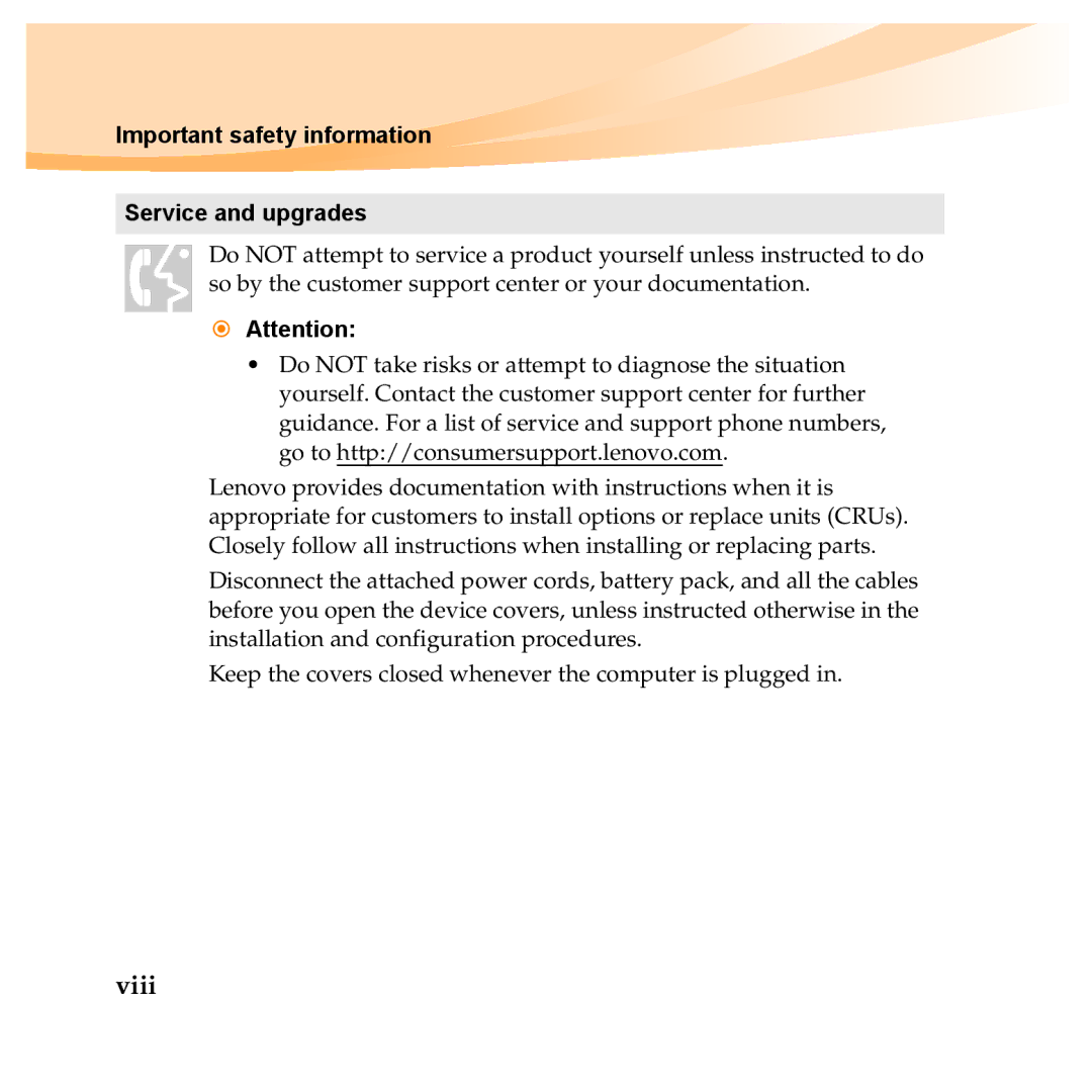 Lenovo Y560P, Y460P manual Viii, Important safety information Service and upgrades 