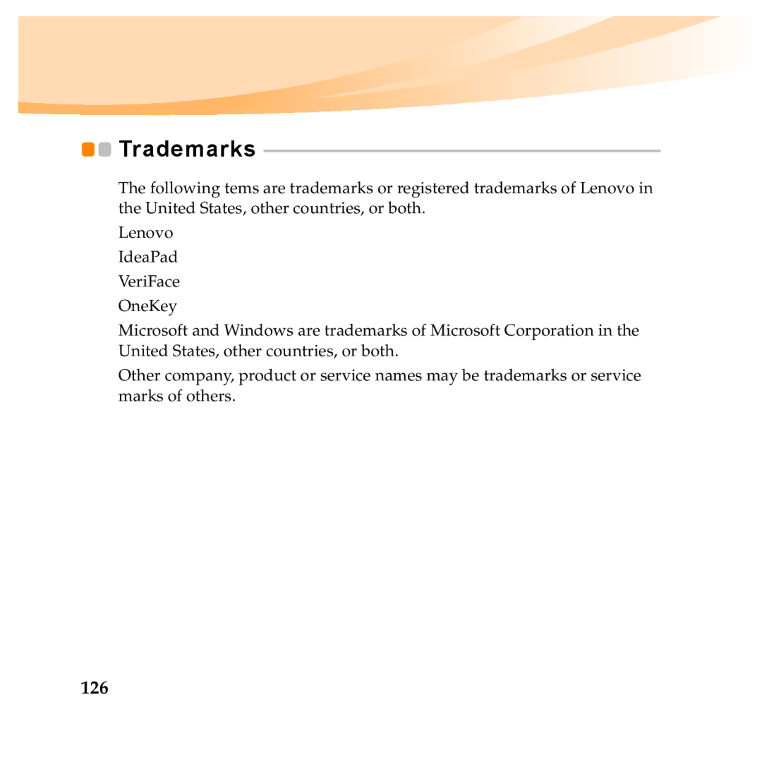 Lenovo Y560P, Y460P manual Trademarks, 126 