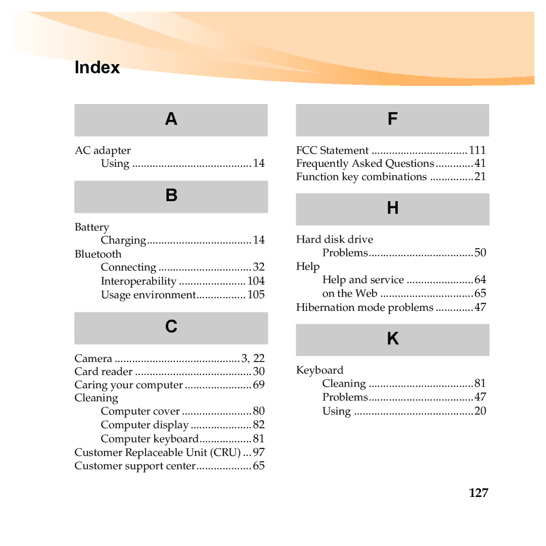 Lenovo Y460P, Y560P manual Index, 127 