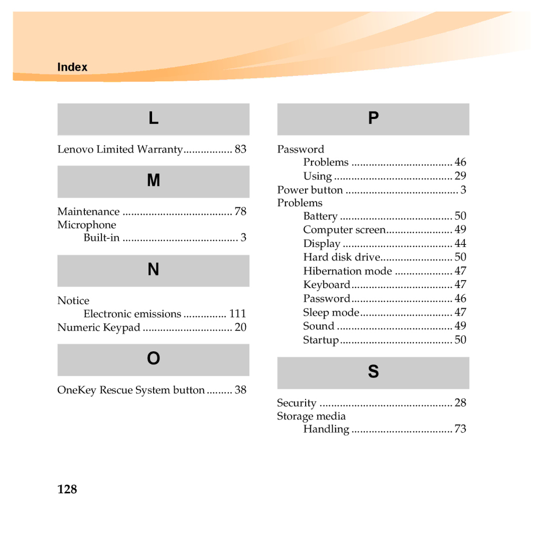 Lenovo Y560P, Y460P manual 128, Index 