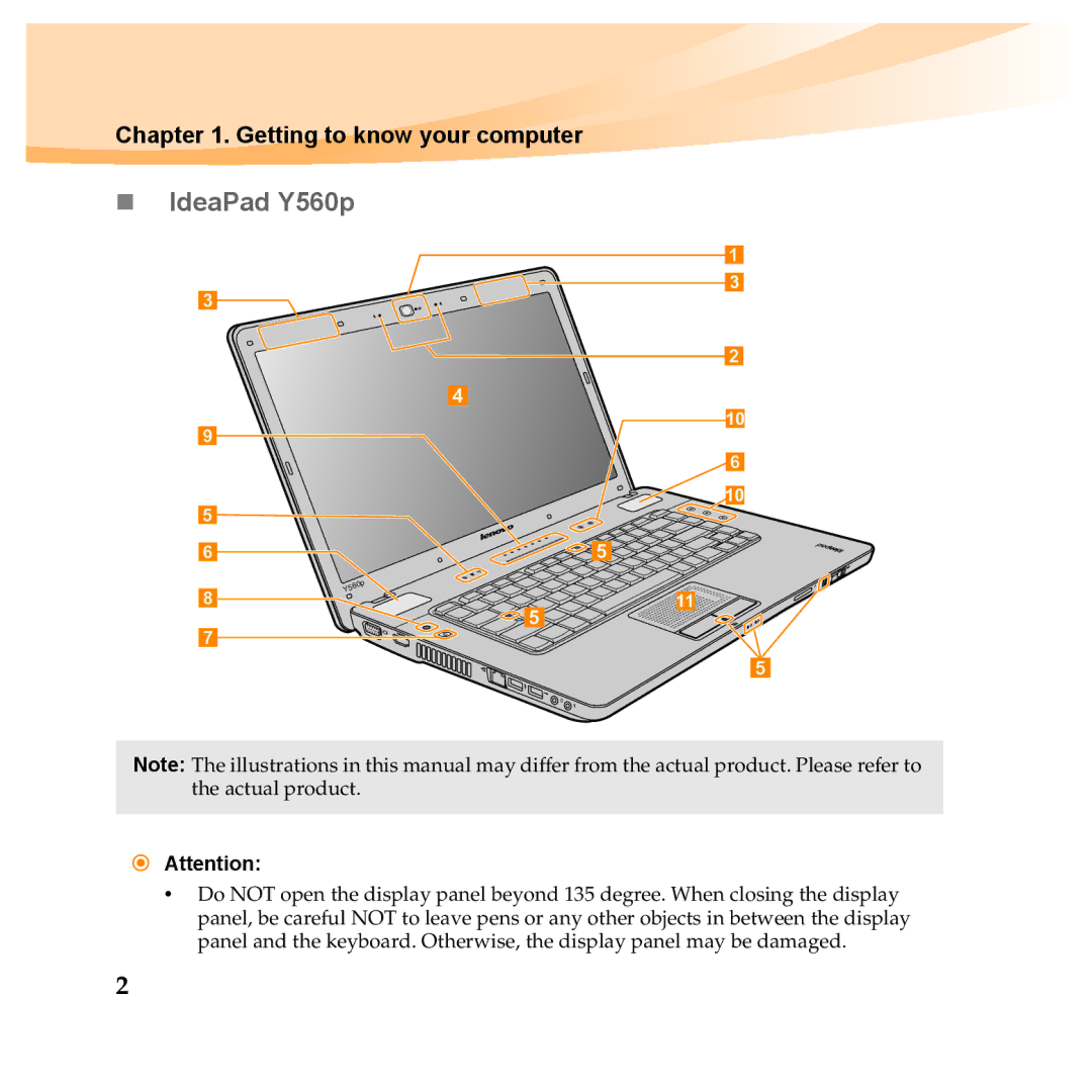 Lenovo Y560P, Y460P manual „ IdeaPad Y560p, Getting to know your computer 