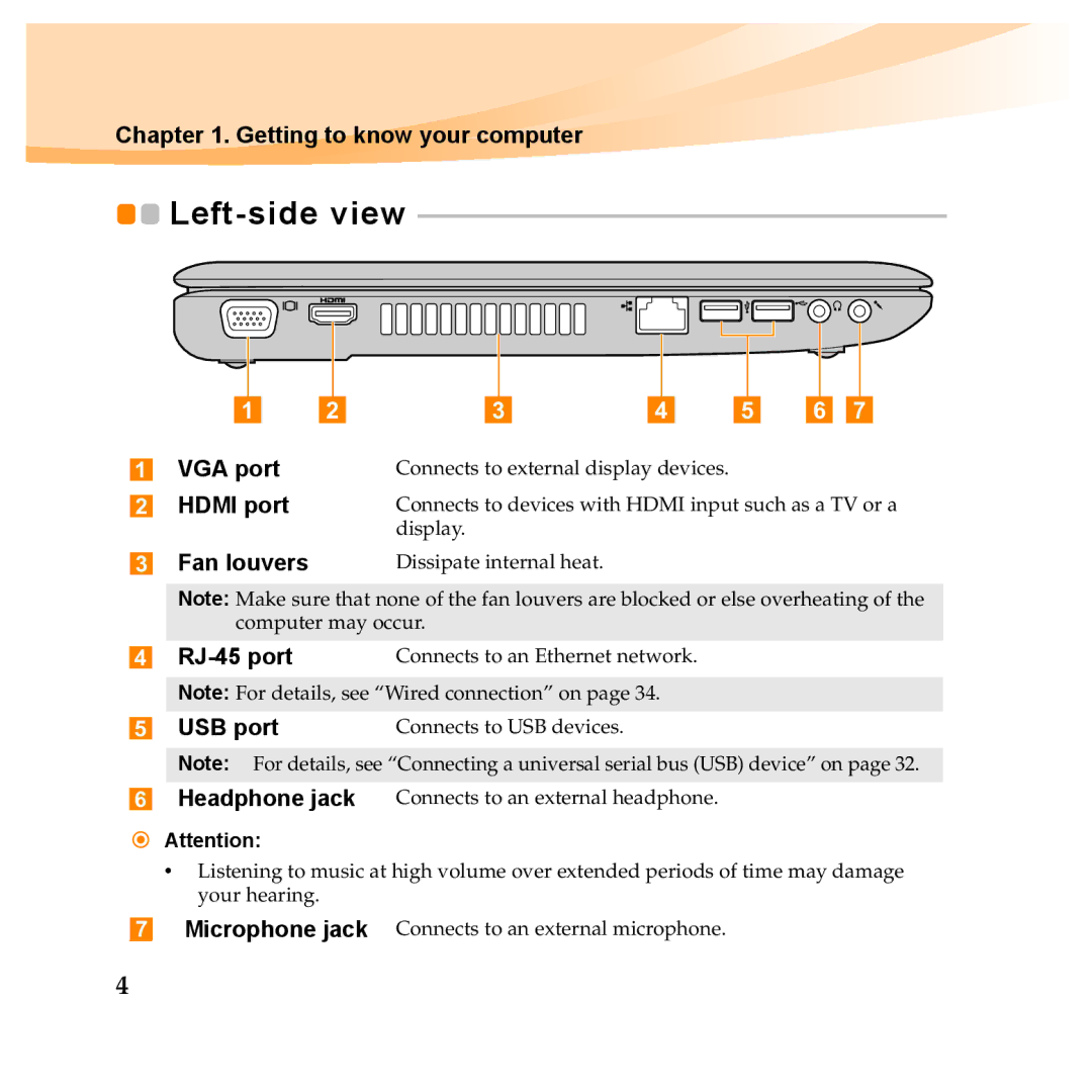 Lenovo Y560P, Y460P manual Left-side view, RJ-45 port, USB port 