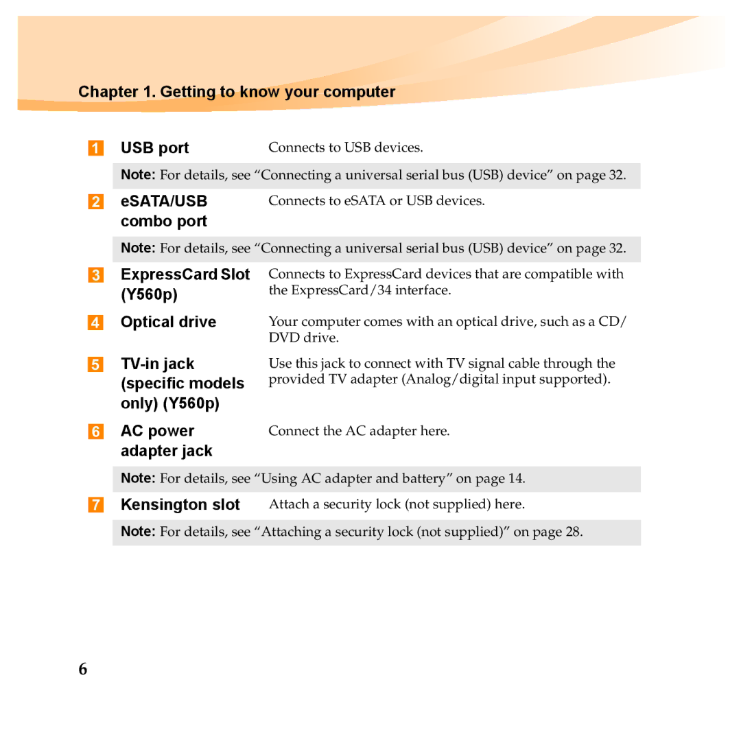 Lenovo Y560P, Y460P Getting to know your computer USB port, Esata/Usb, Combo port ExpressCard Slot Y560p Optical drive 