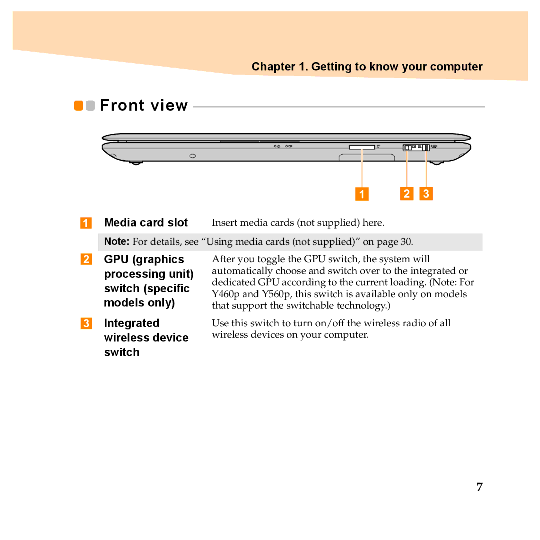 Lenovo Y460P, Y560P manual Integrated wireless device switch, Front view 