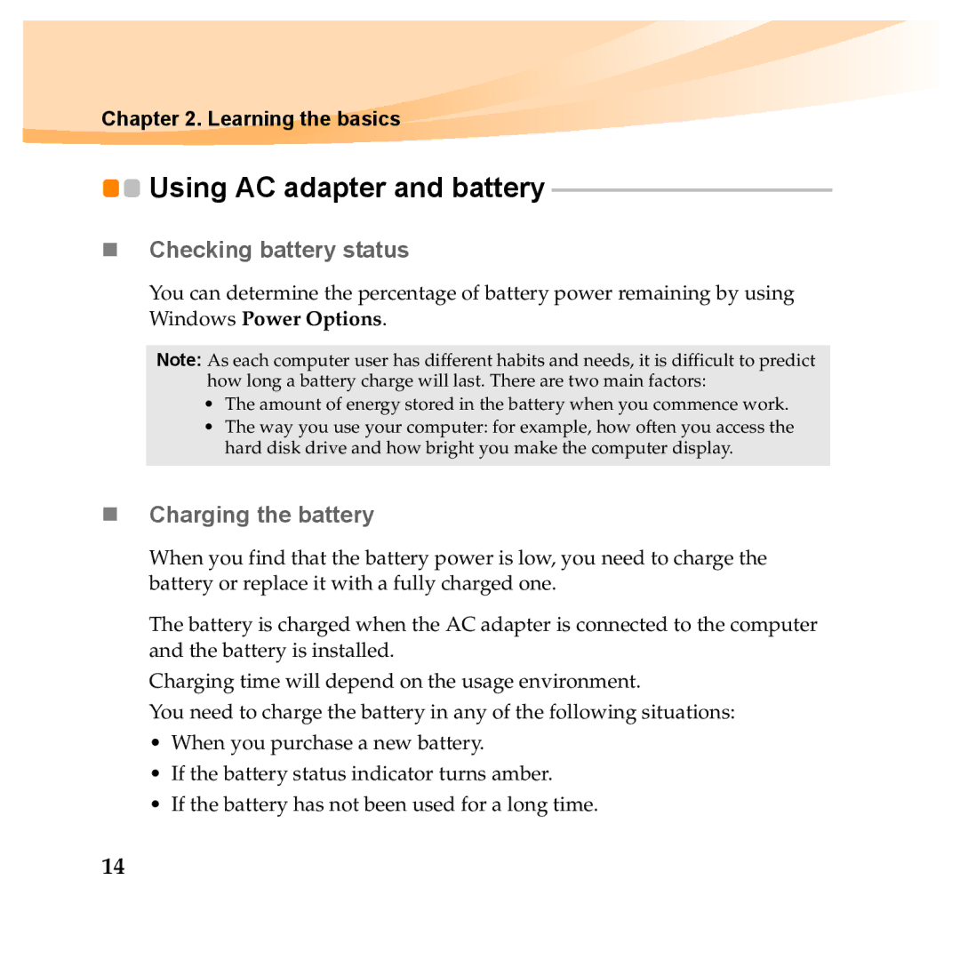 Lenovo Y560P, Y460P manual Using AC adapter and battery, „ Checking battery status, „ Charging the battery 