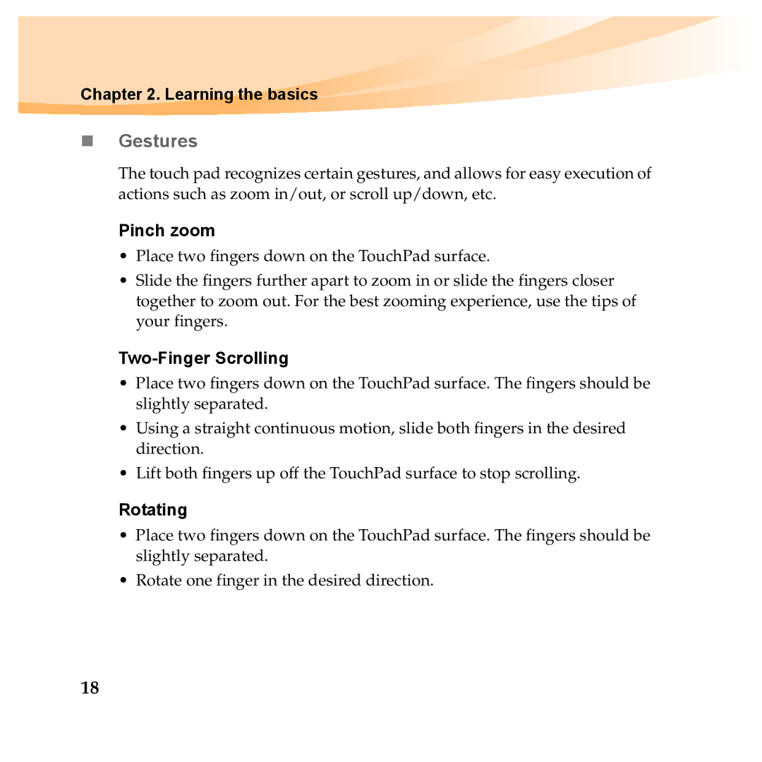 Lenovo Y560P, Y460P manual „ Gestures, Pinch zoom, Two-Finger Scrolling, Rotating 