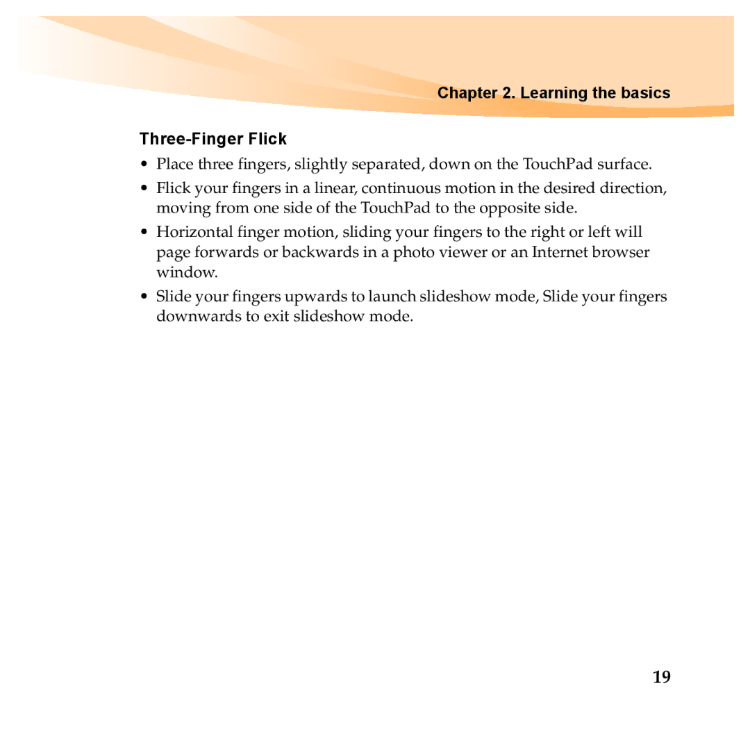 Lenovo Y460P, Y560P manual Learning the basics Three-Finger Flick 