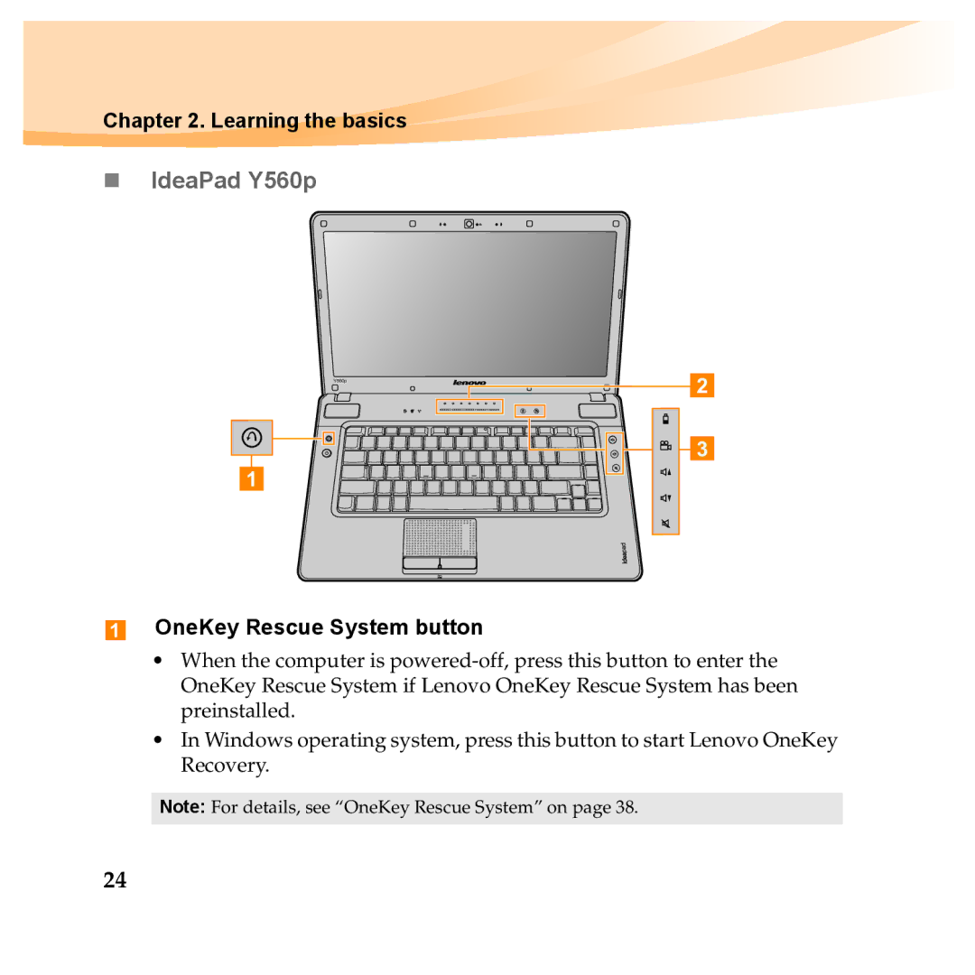 Lenovo Y560P, Y460P manual „ IdeaPad Y560p, OneKey Rescue System button 