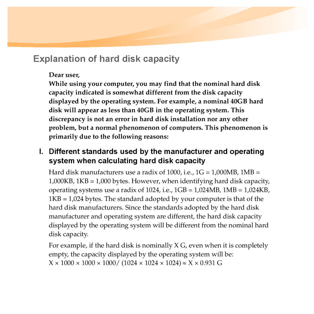 Lenovo Y560P, Y460P manual Explanation of hard disk capacity 