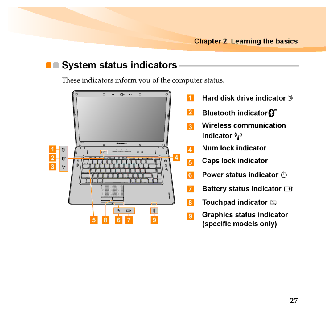 Lenovo Y460P, Y560P manual System status indicators, Learning the basics 